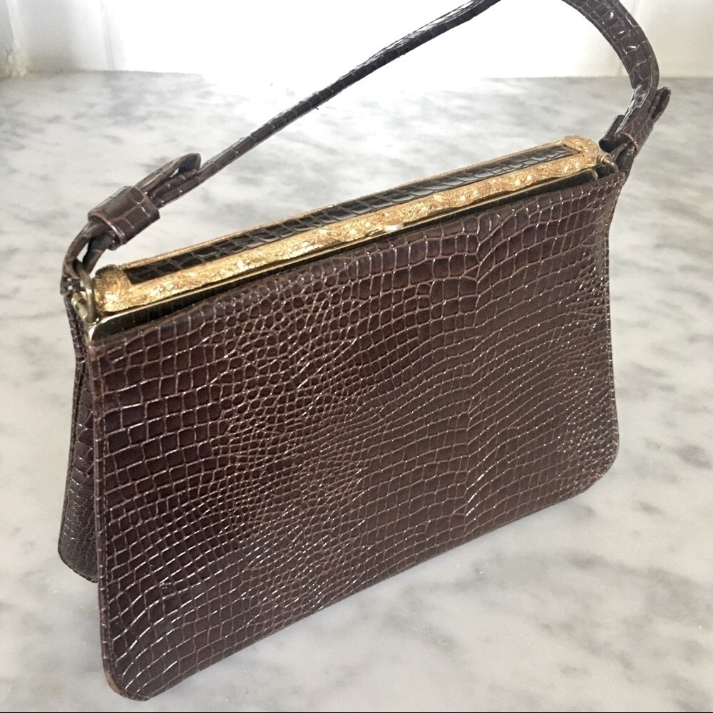 Vintage Handbag Chocolate Brown Croc Pattern with gold tone trim by After Five